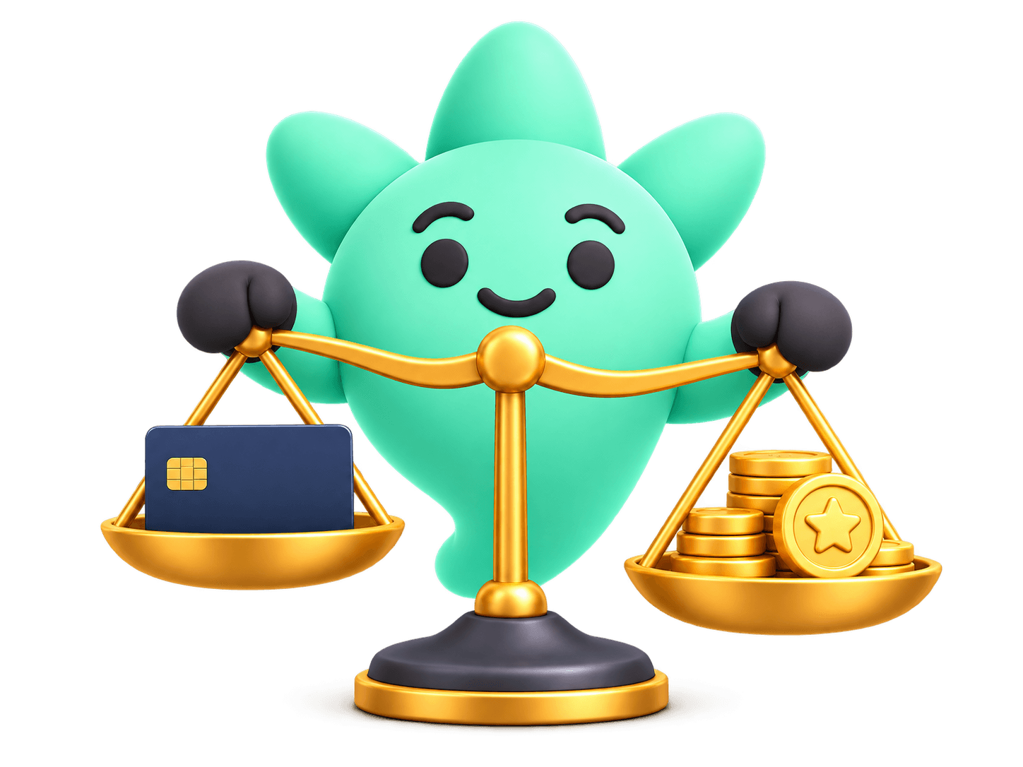 Wazzby holding both sides of a gold scale weighing a card against rewards